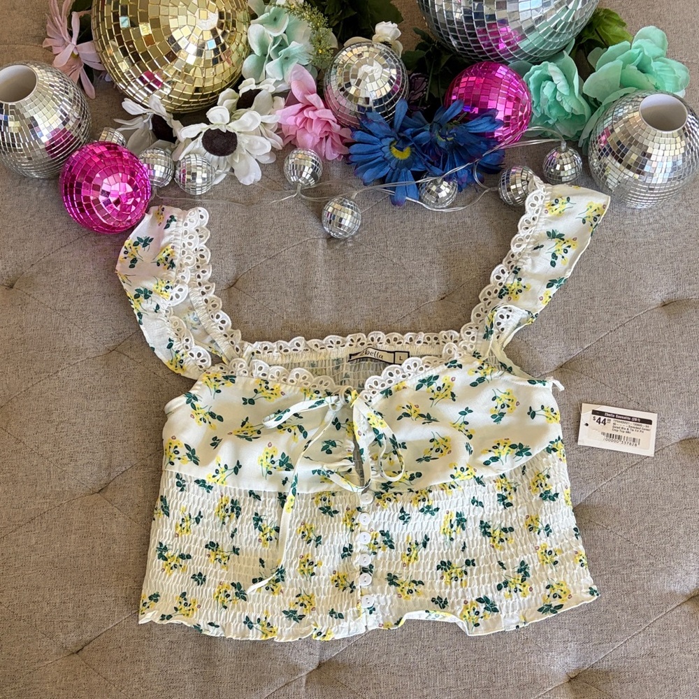 Floral Eyelet Smocked Crop Top - Yellow & Green on Cream